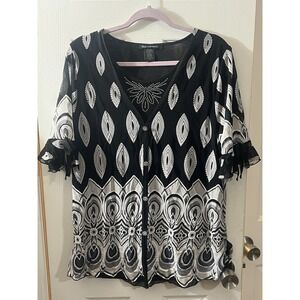 Women's Black White Silver Blouse Appointments Crystal Buttons Bow Ties Sz 1XL